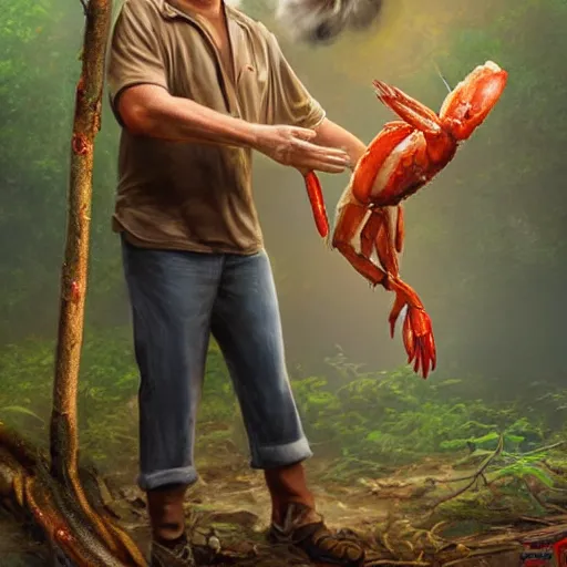 Image similar to Tom Hanks as forrest holding a giant shrimp on a stick over a campfire in the jungle, realistic digital painting, in the style of Aleksi Briclot, photoreailstic, realistic face, amazing detail, sharp