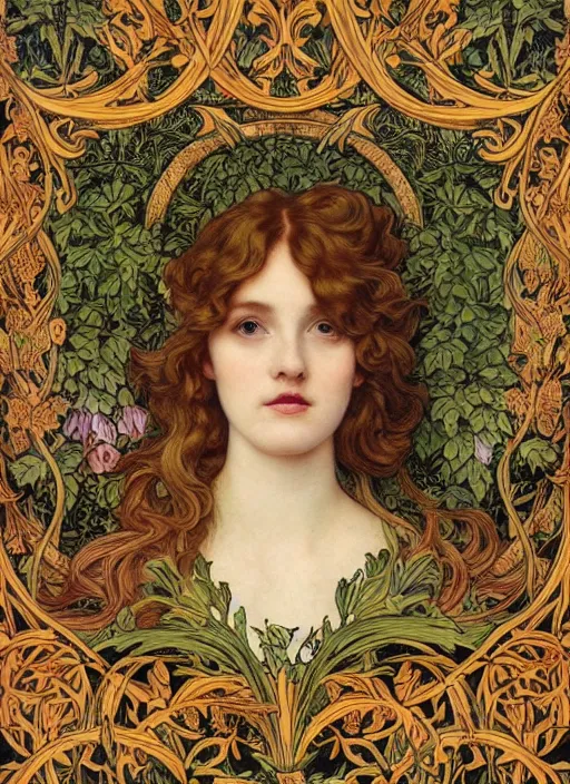 Image similar to masterpiece beautiful seductive flowing curves pose preraphaelite portrait photography, extreme close up, straight bangs, thick set, yellow ochre ornate medieval dress, mushroom forest arch, amongst foliage, william morris and kilian eng and mucha, framed, 4 k