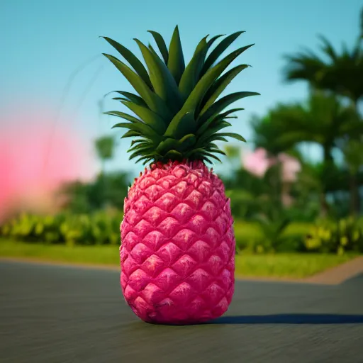 Image similar to 3 d render of a hovering pink pineapple against a pink backdrop with slight sadow underneath ophotorealistic, 4 k, cgsociety, blender, unreal engine 5, sharp details, 3 0 0 dpi