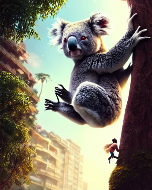 Image similar to movie still macro close photo of koala jumping from tree onto tourist, by weta disney pixar greg rutkowski wlop ilya kuvshinov rossdraws artgerm octane render iridescent, bright morning, liosh, mucha