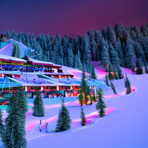 Image similar to : psychedelic ski resort, architectural plans hyper - realistic, detailed, render by c 4 d octane, unreal engine, 8 k 3 d render ray traceing