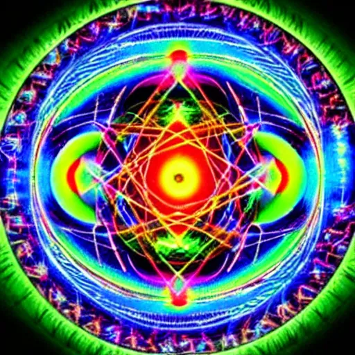 Prompt: quantum mechanical transdimensional threads that connect all human minds to cosmic awareness | scientific psychedelic mystical occult religious imagery
