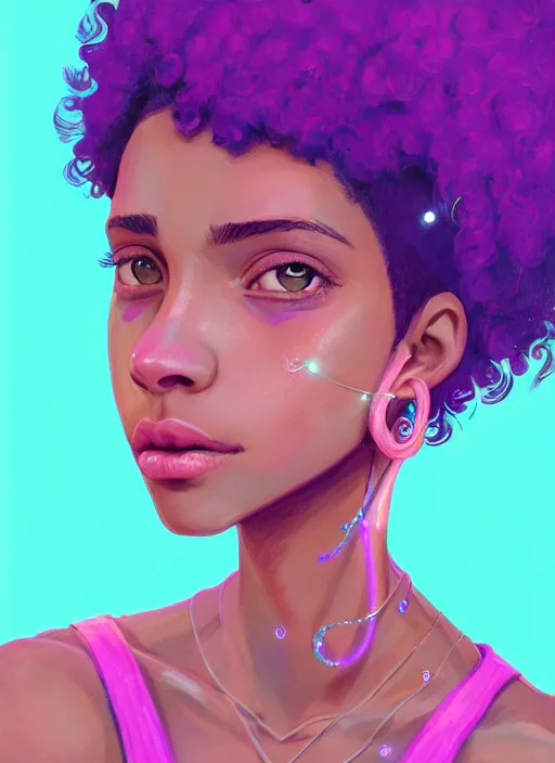 Image similar to portrait of teenage vanessa morgan with bright pink hair, black girl, curly pixie cut hair, wearing a purple breton cap, breton cap, hoop earrings, intricate, elegant, glowing lights, highly detailed, digital painting, artstation, concept art, smooth, sharp focus, illustration, art by wlop, mars ravelo and greg rutkowski