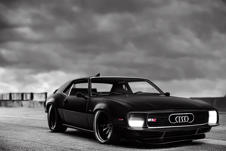 Image similar to widebody all black audi camaro b 7 ( 1 9 6 9 ) modernized, need for speed : carbon, at night, sci - fi, neon lines, phonk music background, smoke behind wheels, noise, dark, establishing shot, by simon stalenhag