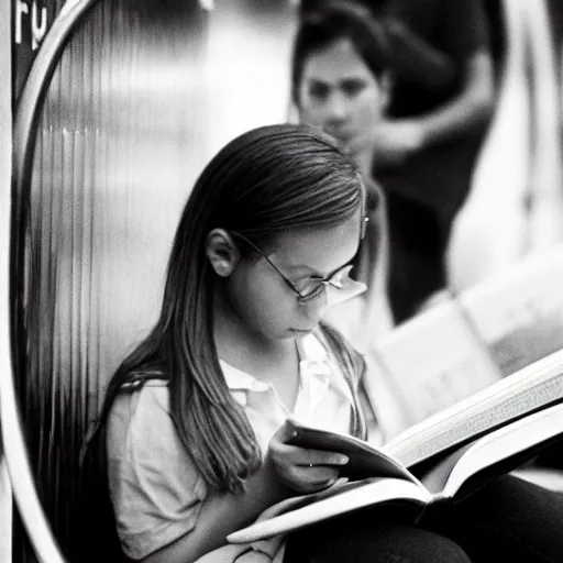 Image similar to “ girl reading a book in the new york city subway, detailed faces, photograph by henri cartier - bresson ”