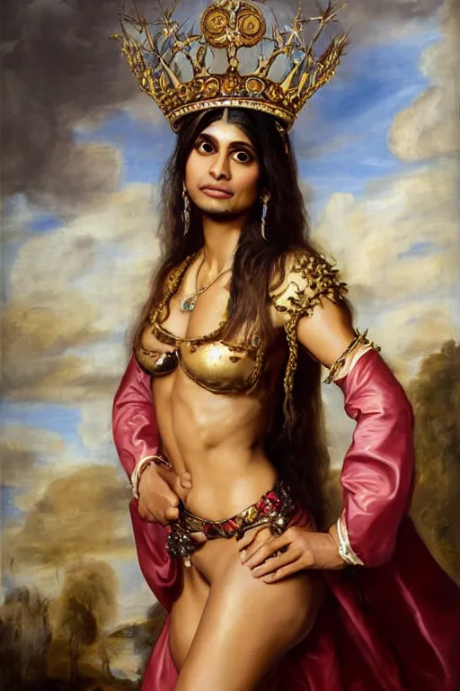 Image similar to Gorgeous full-body renaissance portrait of Mia Khalifa as a queen of fantasy kingdom with Crown of thorns on his head, front view, gold, artstation, very beautiful, luxurious, impressive, soft light, by Anthony van Dyck and Daniel Gerhartz