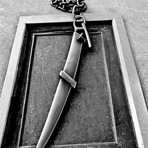 Image similar to a weapon. guillotine blade on a chain