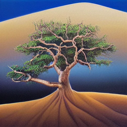 Image similar to a painting of a tree in the desert, a striking airbrush painting by breyten breytenbach, detailed sand pattern, cgsociety, neo - primitivism, airbrush art, dystopian art, apocalypse landscape