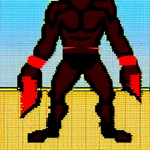 Image similar to full body antropomorphic muscular masculine wolf. kickboxer. wolf head. furr. 1 6 bit sega graphics. retrowave