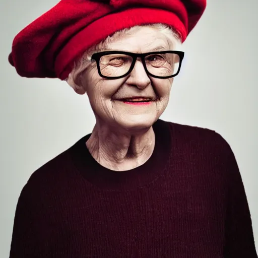 Prompt: photo of an old lady wearing ridiculously large glasses and a cooking pot as a hat, studio lighting