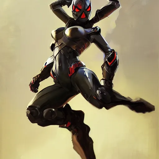 Image similar to greg manchess portrait painting of an armored dark female iron spiderman as overwatch character, medium shot, asymmetrical, profile picture, organic painting, sunny day, matte painting, bold shapes, hard edges, street art, trending on artstation, by huang guangjian, gil elvgren, ruan jia, greg rutkowski, gaston bussiere