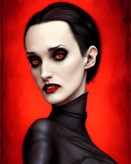 Prompt: gorgeous female Winona Ryder vampire sharp teeth in a confident dress, full body, realistic character concept, medium shot, elegant pose, horror, illustration, slender symmetrical face and body, symmetrical eyes, artstation, cinematic lighting, hyperdetailed, Tom Bagshaw, artgerm, Norman Rockwell, single face, insanely detailed and intricate, beautiful, elegant, dark blue background