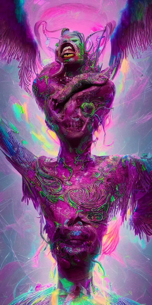 Prompt: impossibly beautiful portrait, dapper dream demon, wings, bad trip, insane smile, intricate complexity, surreal horror, inverted neon rainbow drip paint, trending on art station, photoreal, 8 k, octane render by greg rutkowski