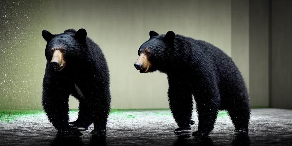 Image similar to black bear made of ferrofluid, in the zoo exhibit, viscous, sticky, full of black goo, covered with black goo, splattered black goo, dripping black goo, splattered goo, sticky black goo. photography, dslr, reflections, black goo, zoo, exhibit, v - ray, 3 d render, 8 k resolution, hyperreal