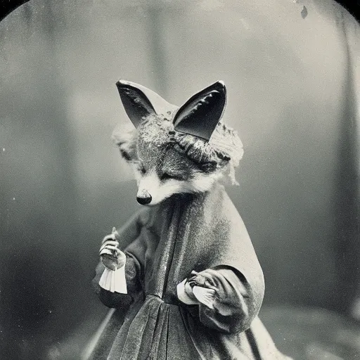 Prompt: a wet plate photo of an anthropomorphic fox dressed as maid marian - h 7 6 0