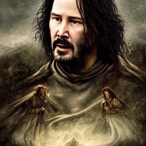 Image similar to keanu reeves as a hobbit ( lord of the rings movie ), digital painting, extremely detailed, 4 k, intricate, brush strokes, mark arian, artgerm, bastien lecouffe - deharme