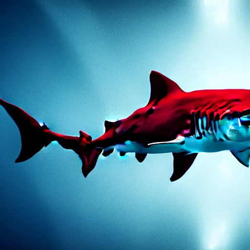 Image similar to an anthro shark swimming in the ocean covered in blood, photorealistic, 4K, award-winning