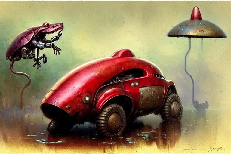 Image similar to adventurer ( ( ( ( ( 1 9 5 0 s retro future robot mouse amphibious vehical home. muted colors. swamp mushrooms ) ) ) ) ) by jean baptiste monge!!!!!!!!!!!!!!!!!!!!!!!!! chrome red