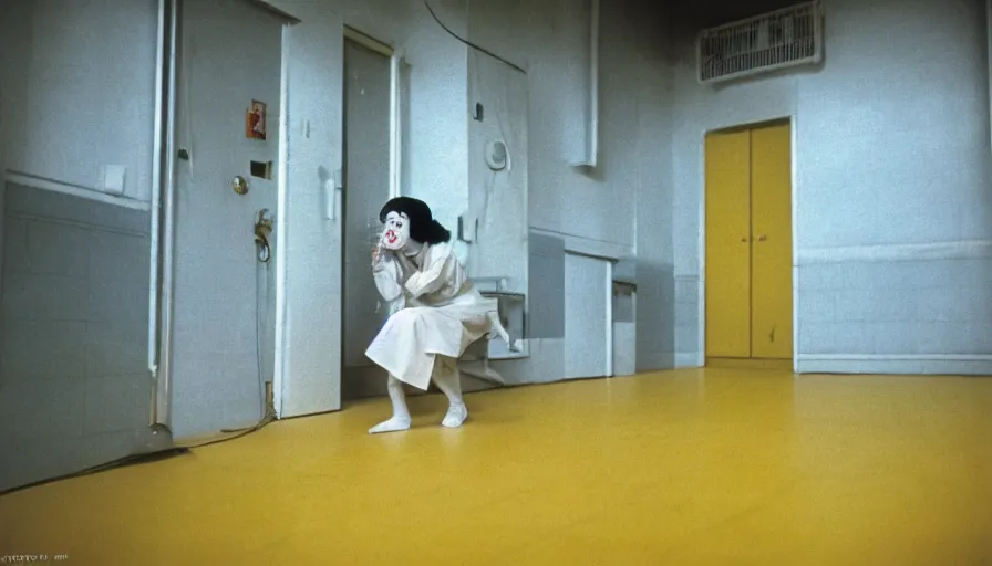 Image similar to 60s movie still of a white japanese female phantom with bloody jaw in an empty soviet stalinist style hospital with yellow tiles floor with light blue beds, cinestill 800t 35mm technicolor, heavy grain, high quality, higly detailed, liminal space