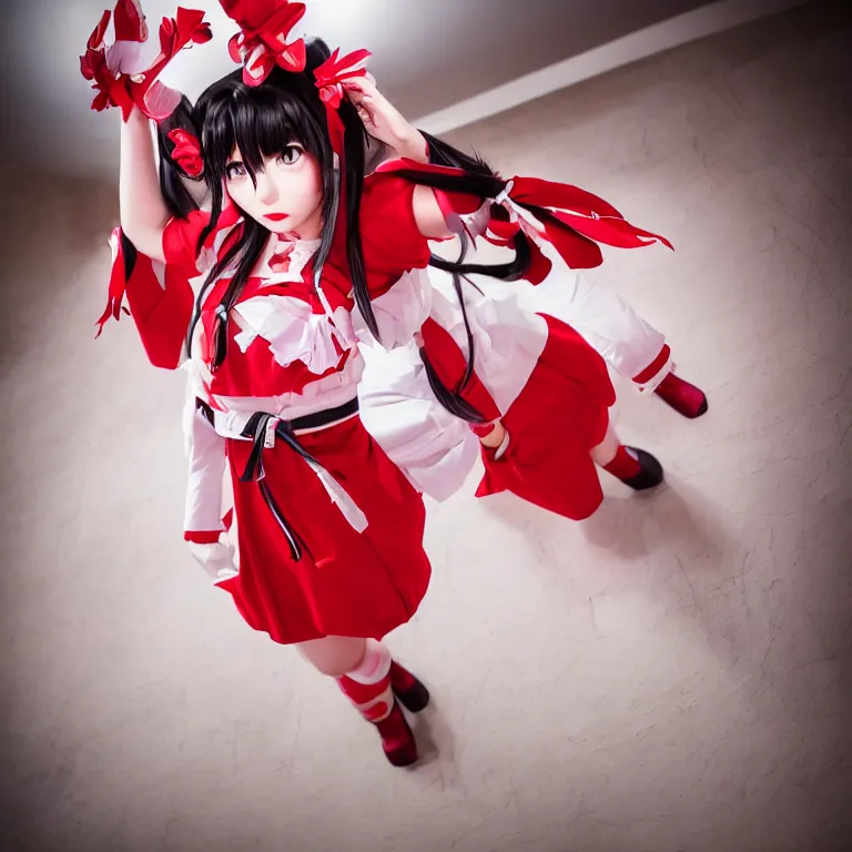 Image similar to beautiful reimu hakurei cosplay, beautiful professional photography, perfect human anatomy. Indoors, overhead lighting.