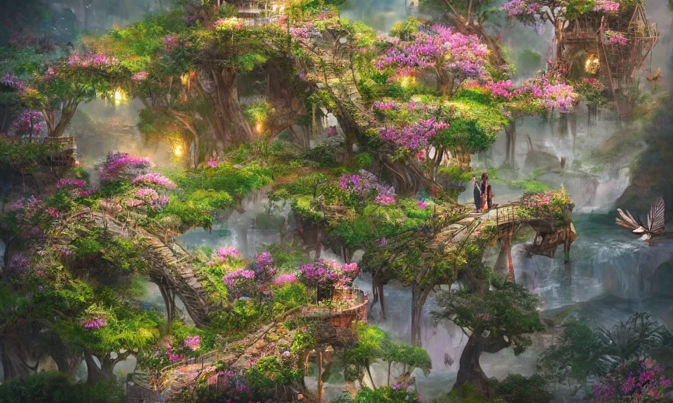 Image similar to a beautiful nature civilization, fancy, flowers, bridges, nature city, people, tree houses, trending on artstation, behance, deviantart