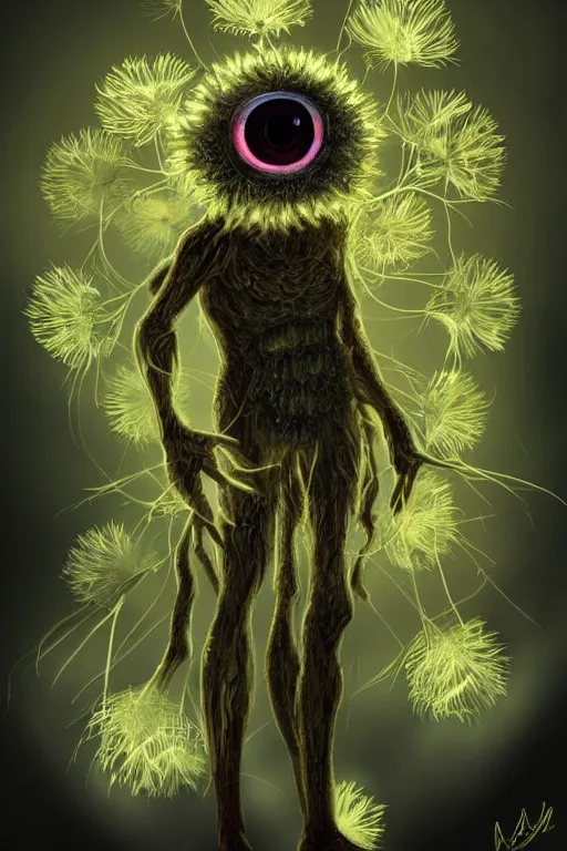 Image similar to a glowing humanoid figure dandelion monster with large glowing eyes, highly detailed, digital art, sharp focus, trending on art station, artichoke, anime art style