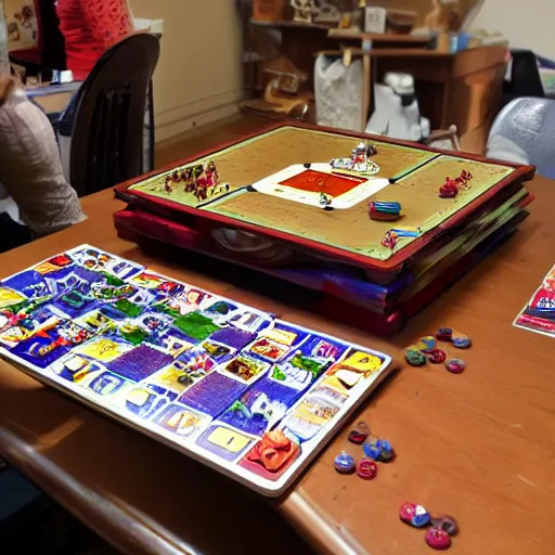 Prompt: Packed table with board games and some of the board games are falling off the table