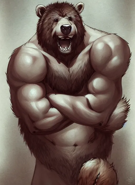Image similar to award winning beautiful portrait commission art of a muscular male furry anthro grizzly bear fursona with a cute beautiful attractive detailed furry face wearing gym shorts and a tanktop. Character design by charlie bowater, ross tran, artgerm, and makoto shinkai, detailed, inked, western comic book art