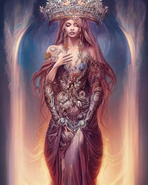 Image similar to full view Symbolic portrait of an ethereal Queen in a crown of sorrow wearing a ornate dress sitting on a throne by Anna Dittman and Jesper Ejsing, detailed and realistic, featured on Artstation, soft lighting, behance