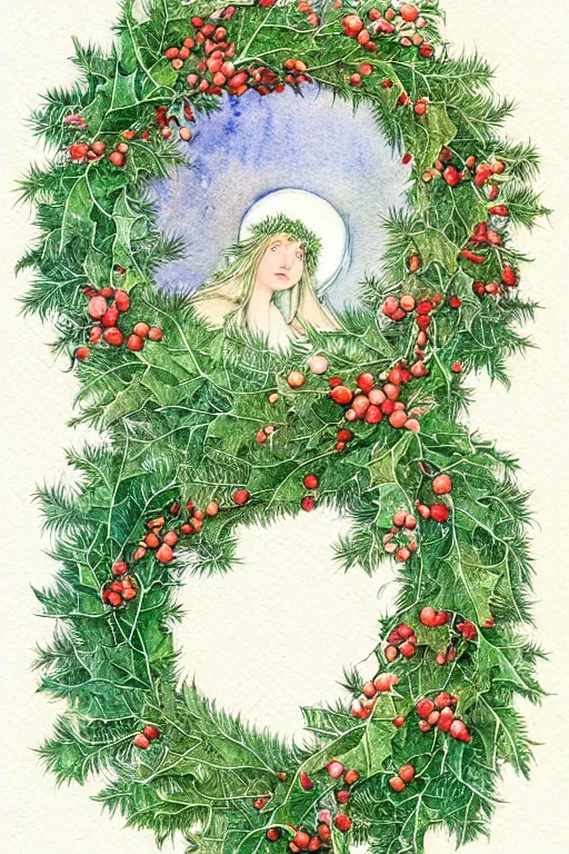 Image similar to realistic watercolor painting of one wreath of holly centered on a white background, detailed art by kay nielsen and walter crane, illustration style, watercolor