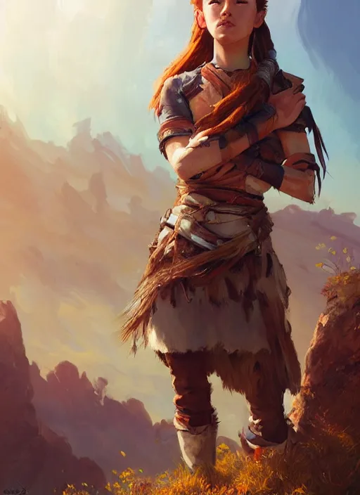 Prompt: Aloy, standing confidently, desert in the background, natural lighting, digital painting, concept art, smooth, sharp focus, illustration, single character full body, rule of thirds, from Horizon: Zero Down, by Mandy Jurgens and Artgerm