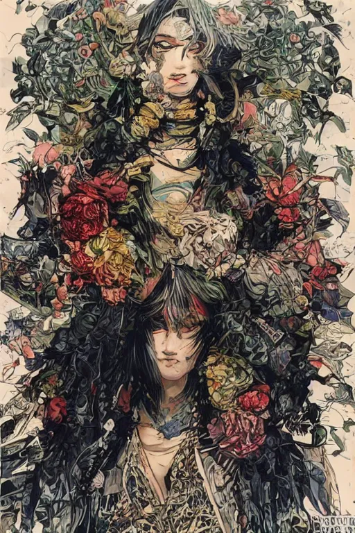 Prompt: cyberpunk fashion model wrapped in flowers and wired, smooth shading, ultra detailed high resolution, vintage style, by yoichi hatakenaka, masamune shirow, josan gonzales and dan mumford, ayami kojima, takato yamamoto, barclay shaw, karol bak, yukito kishiro