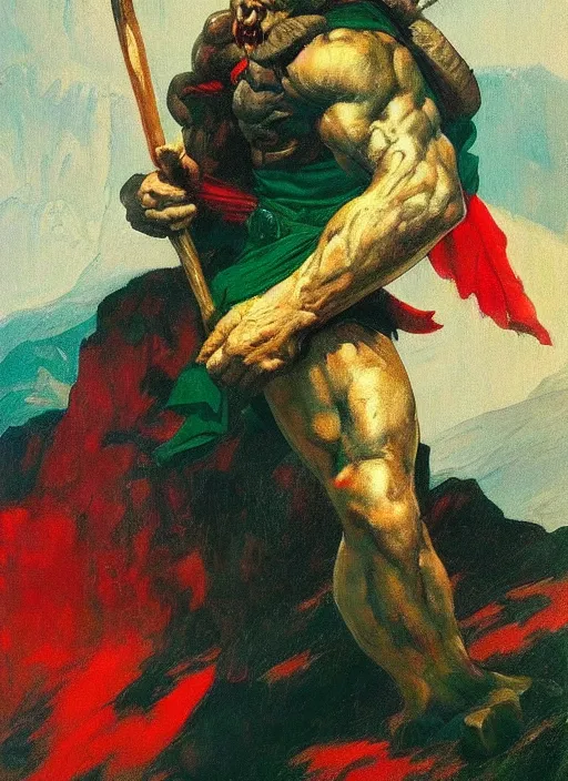 Image similar to portrait of barbarian on mountain, coherent! by mariusz lewandowski, by frank frazetta, deep color, strong line, red green black teal, minimalism, high contrast