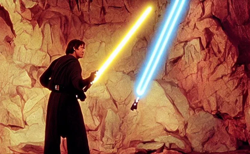 Image similar to screenshot of master Luke Skywalker in a kyber crystal cave, lightning refracting off the red gemstone crystal walls, iconic scene from the 1970s Star Wars film directed by Stanely Kubrick film, color kodak, ektochrome, anamorphic lenses, detailed faces, moody cinematography