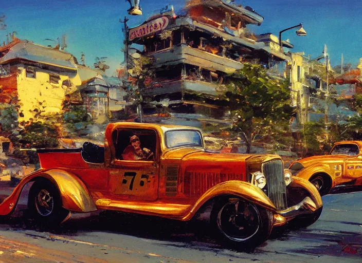 Image similar to hotrods driving down a street , vintage, high detail, golden hour, 8K, by John Berkey