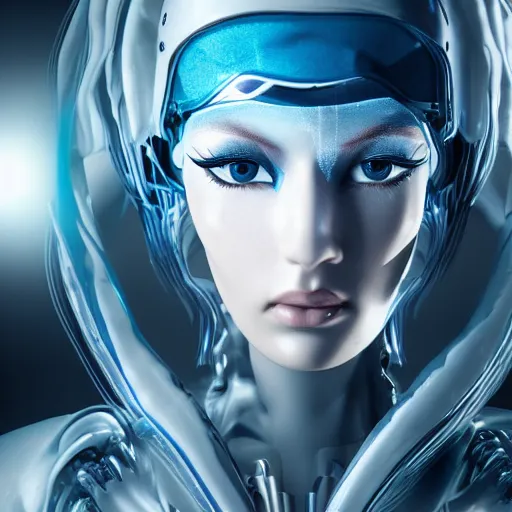 Prompt: female with pale eye lashes and brows, complex hyperdetailed technical suit. siver hair flowing, cryo chamber, pale blue tint, sci - fi, futuristic, ultra realistic, wide angle.