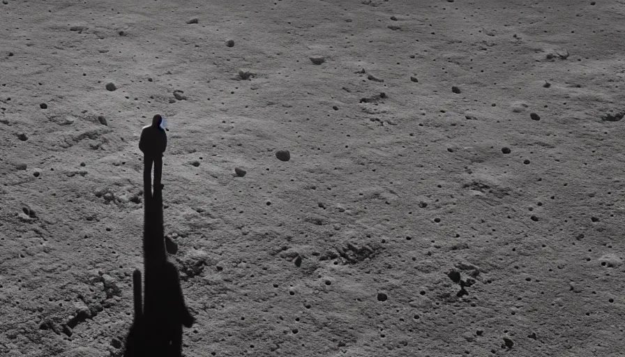 Image similar to A lone figure standing on the edge of a cliff on an alien moon, arcology megastructure stretch across the surface of the moon, cinematic, IMAX, Christopher nolan