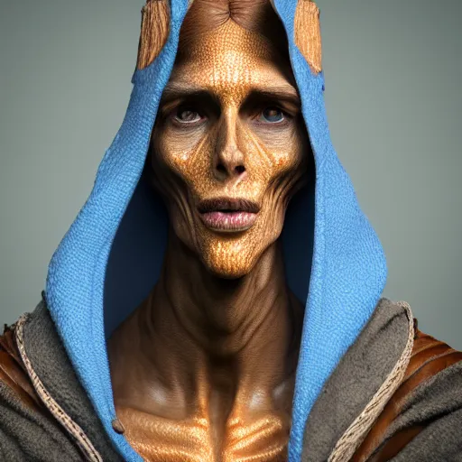 Image similar to a highly detailed portrait of a humanoid giraffe in a blue cloak, adventurer, artstation, deviantart, professional, unreal engine 5, octane render
