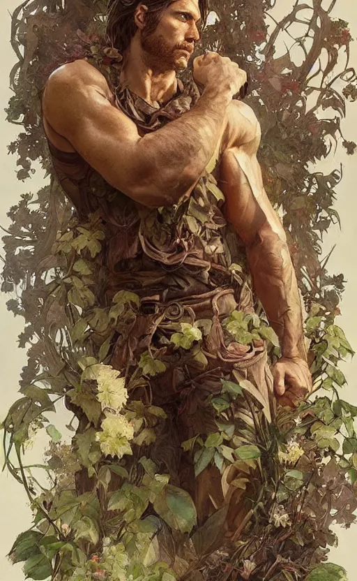 Image similar to god of the forest, 3 0 years old, rugged, male, gorgeous, detailed face, amazing, thighs!!!!!!, flowers, muscular, intricate, highly detailed, digital painting, artstation, concept art, sharp focus, illustration, art by greg rutkowski and alphonse mucha