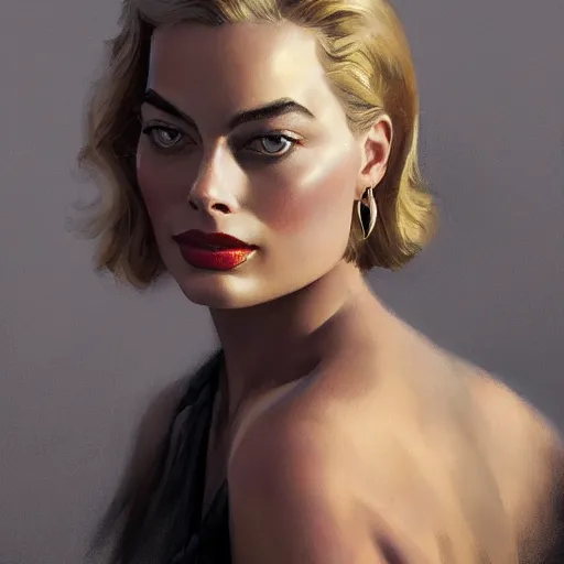 Image similar to closeup portrait of margot robbie, 1 9 2 0 s, femme fatale, dramatic lighting, city background, chiaroscuro, high detail, painted by greg rutkowski, painted by igor kieryluk, painted by bobby chiu, trending on artstation