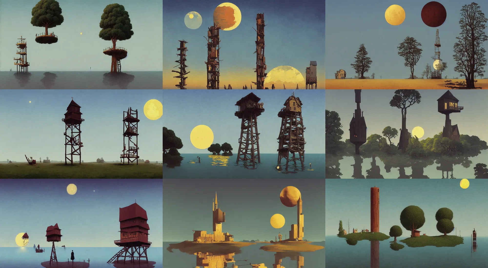 Prompt: single flooded simple wooden moon tower, very coherent and colorful high contrast!! masterpiece by rene magritte simon stalenhag carl spitzweg syd mead norman rockwell edward hopper james gilleard, minimalist, dark shadows, sunny day, hard lighting, tree