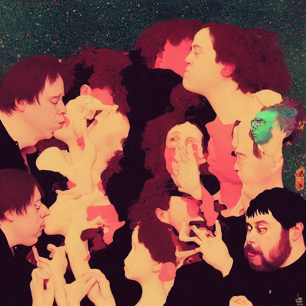 Image similar to weird and disturbing portrait of bill hicks kissing todd solondz, vivid colors, neon, art by ( ( ( kuvshinov ilya ) ) ) and wayne barlowe and gustav klimt and artgerm and wlop and william - adolphe bouguereau