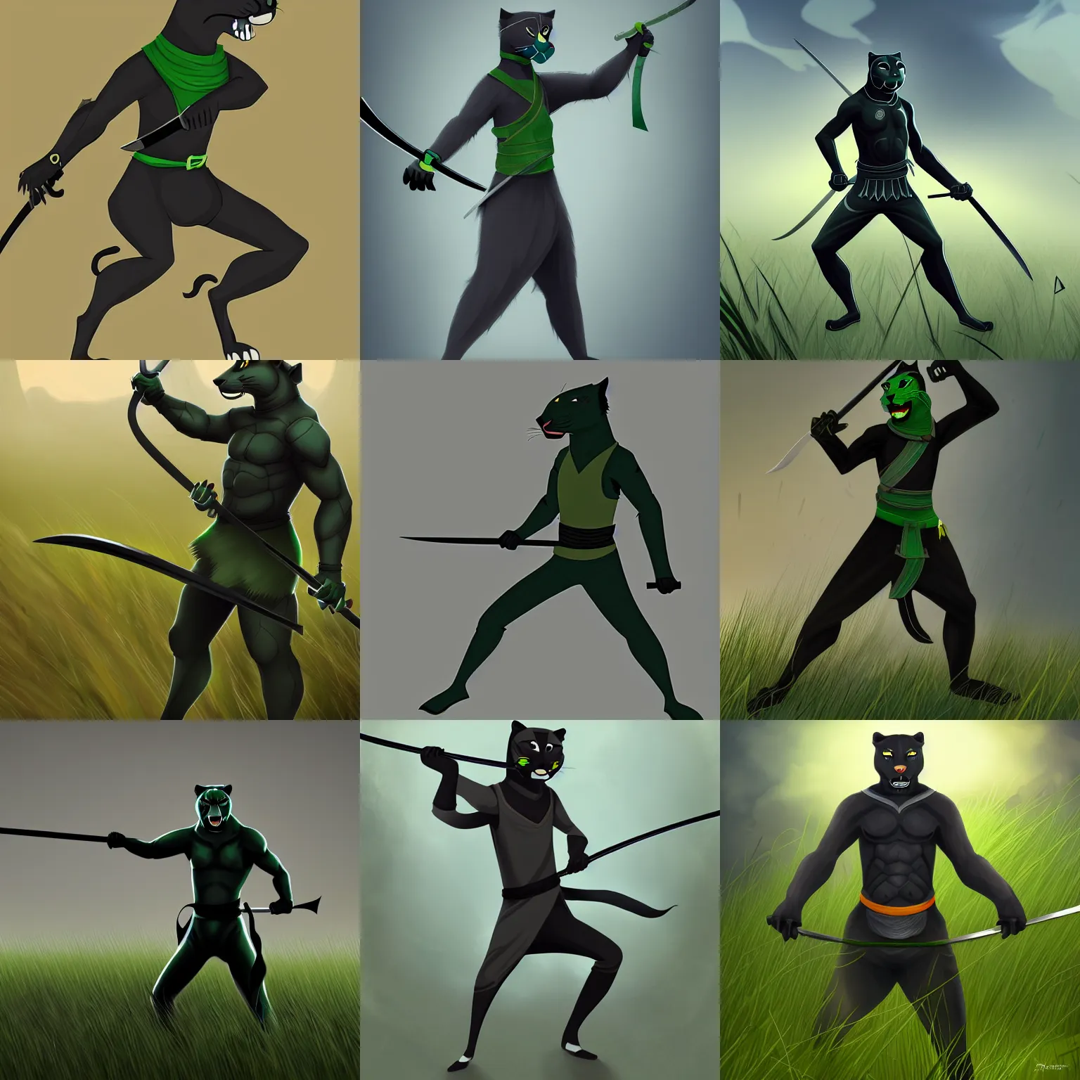 Prompt: male grey anthropomorphic panther human, green and black hair, wielding a katana, wearing ninja clothes, standing in tall grass, at dawn, artstation, fantasy