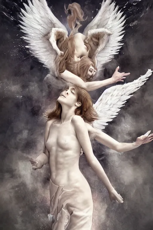 Image similar to angel falling to human market, very high resolution images, very details, very realistic, hyperrealistic, art by yulia iosilzon, and simone graci