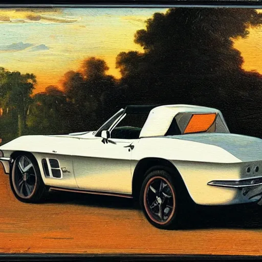 Image similar to corvette with cats sitting in and on the car, old dutch painting, golden hour, shadows, wide shot