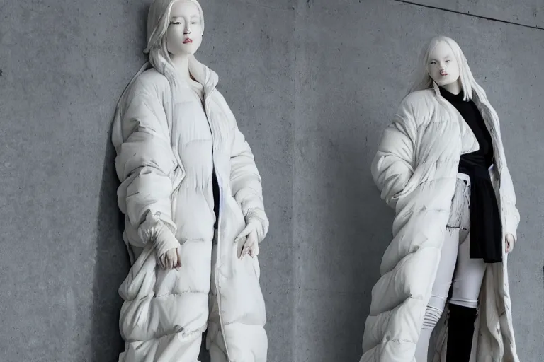 Image similar to well lit fashion shoot portrait of extremely beautiful female marble statue wearing huge over size puffer jacket by dingyun zhang, yeezy, balenciaga, vetements, a cold wall, sharp focus, clear, detailed,, cinematic, detailed, off white, glamourous, symmetrical, vogue, editorial, fashion, magazine shoot, glossy