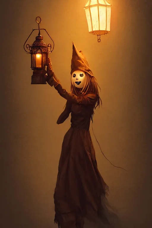 Image similar to portrait of a haunted scarecrow, burlap bag head, holding a lantern, halloween night, charlie bowater, artgerm, ilya kuvshinov, krenz cushart, ruan jia, realism, ultra detailed, 8 k resolution