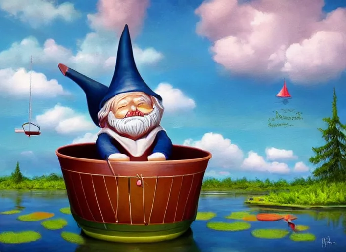 Prompt: a garden gnome sailing in a small bucket, whimsical background of a pond on a sunny day with dramatic clouds, an ultrafine detailed painting by mark ryden, trending on deviantart, pop surrealism, whimsical, lowbrow, grotesque