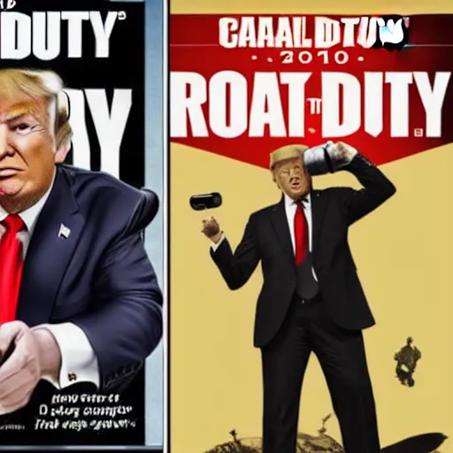 Image similar to Donald Trump using a rotary phone on the cover of a Call of Duty Game