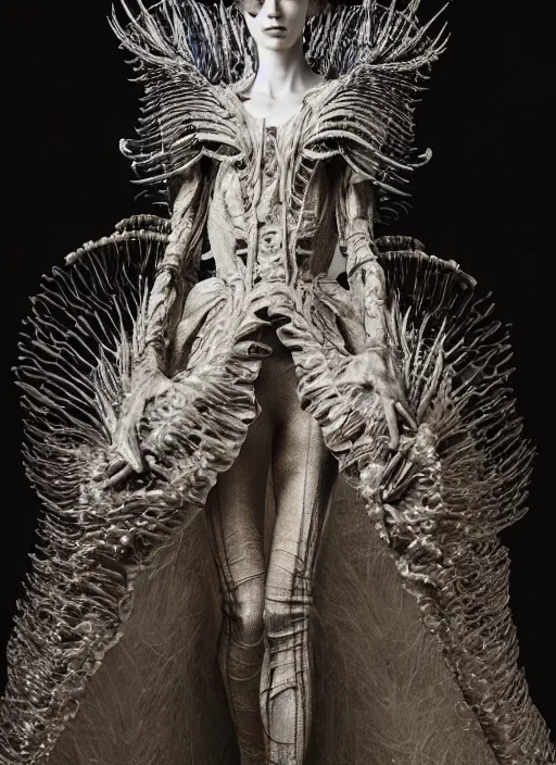 Image similar to walking down the catwalk, tim walker, show, stage, vogue photo, podium, fashion show photo, historical baroque dress dark, iris van herpen, beautiful woman, full body shot, masterpiece, intricate, biopunk, predator, guyver, highly detailed